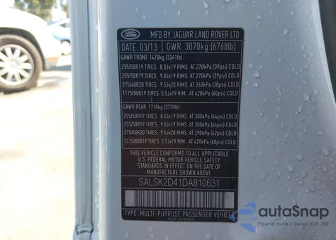 2013 Land Rover Range Rover Sport Hse z USA, uszkodzony, nr VIN SALSK2D41DA810631